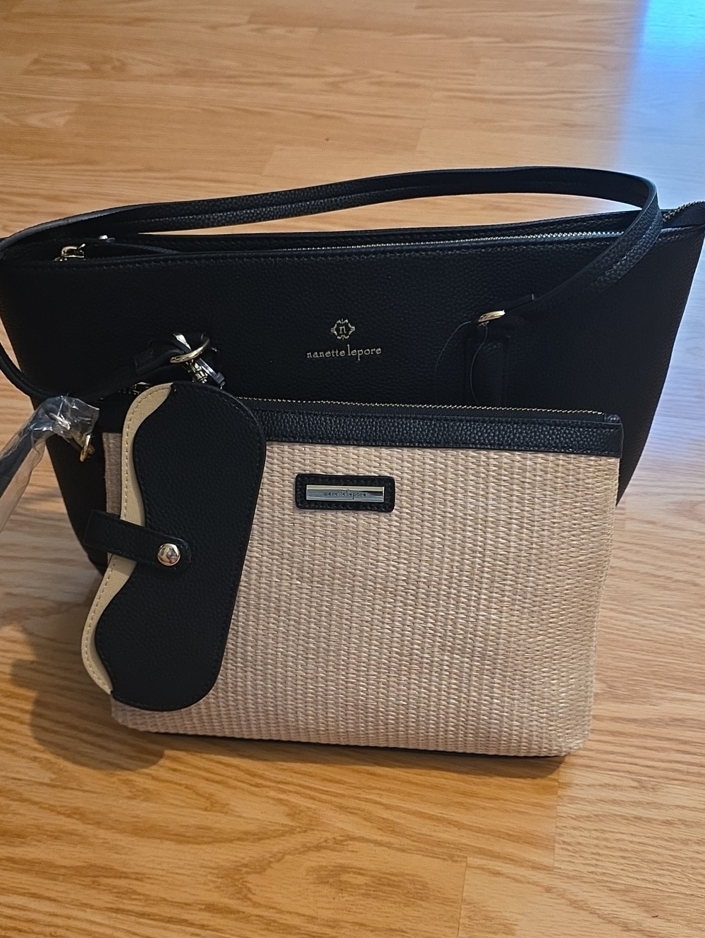 Nanette Lepore Black Shoulder Bag with Cream Straw Wristlet Pouch